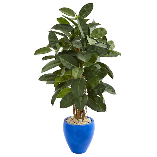 4.5Ft Rubber Tree in Blue Planter By Nearly Natural in Green | 4.5 ft | Michaels®